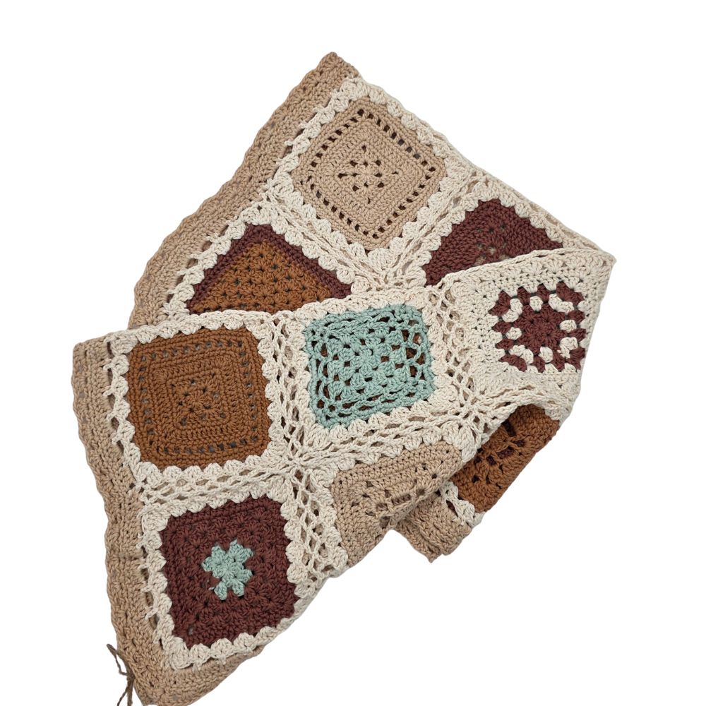 Beige, Cream, Rust & Baby Blue Crocheted Blanket