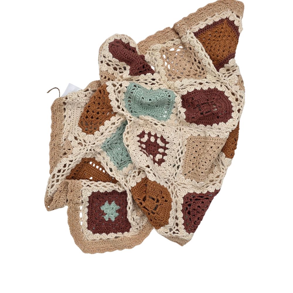 Beige, Cream, Rust & Baby Blue Crocheted Blanket
