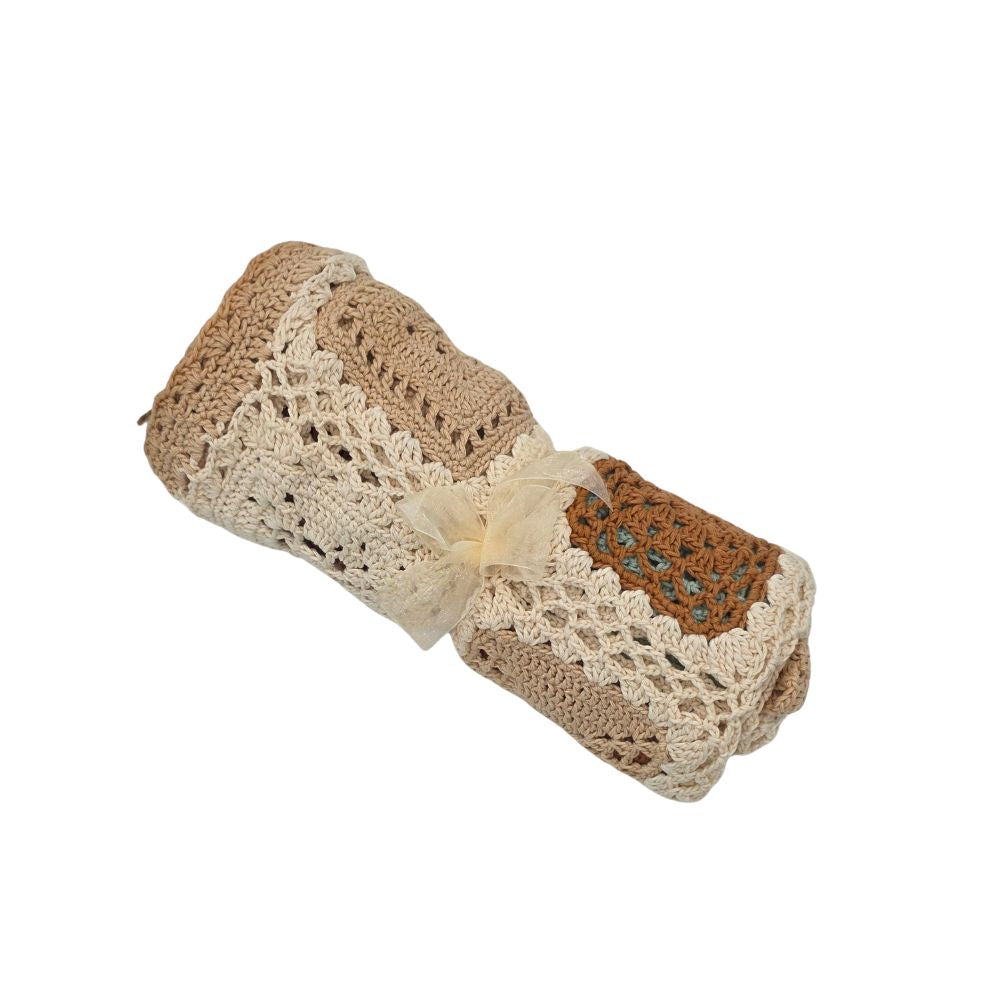 Beige, Cream, Rust & Baby Blue Crocheted Blanket