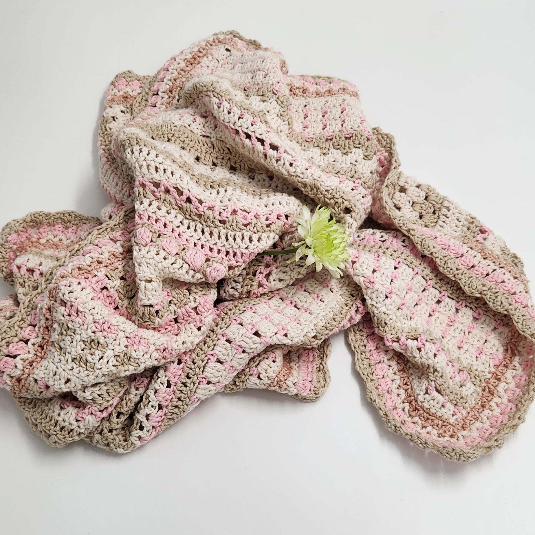 Pink, White & Beige Crocheted Blanket