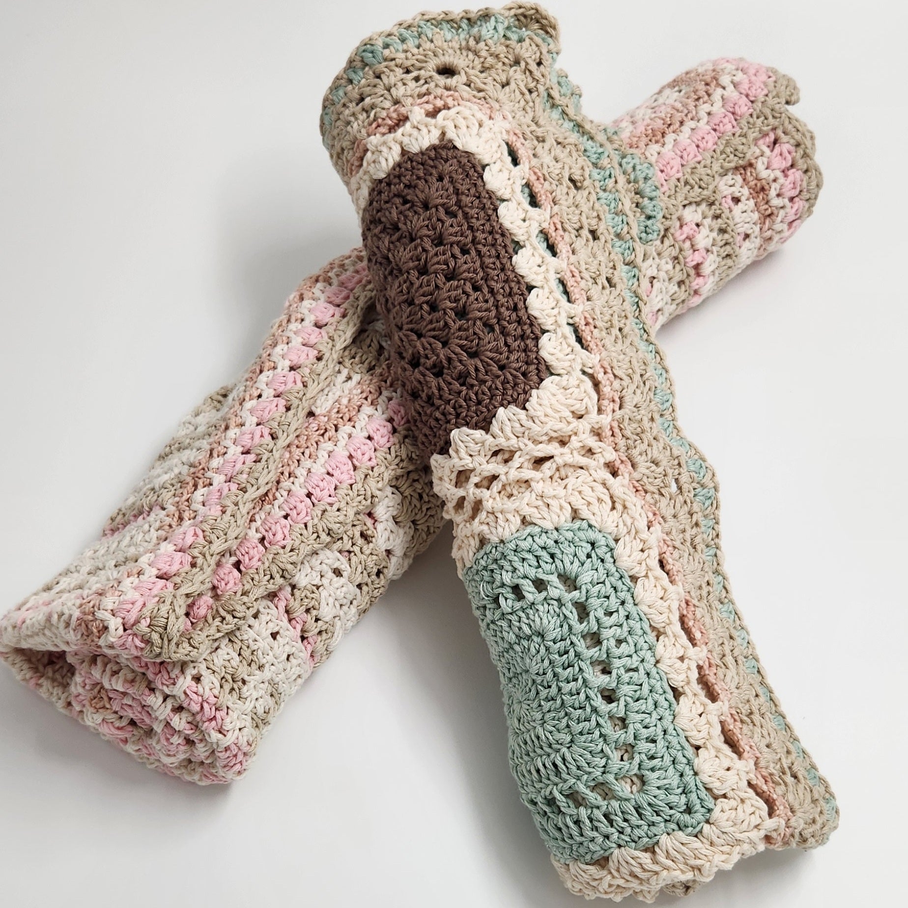 Blue, White, Brown & Beige Crocheted Blanket