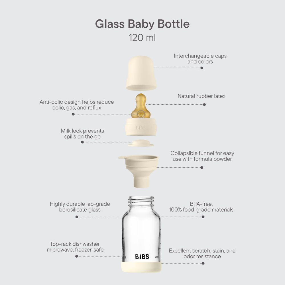 BIBS 120ml Round Latex Slow Flow Glass Bottle
