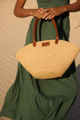 Palm Raffia Tote with black leather