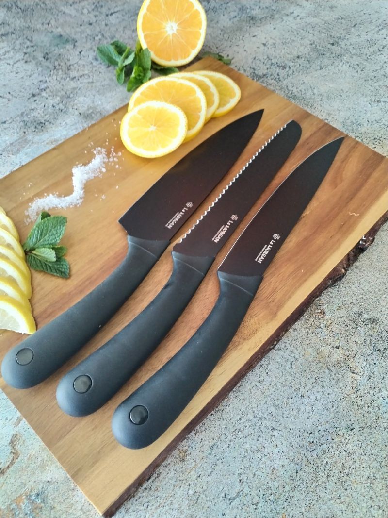 3pc Chef Knife Set Soft Grip Handle - Black - Image 2