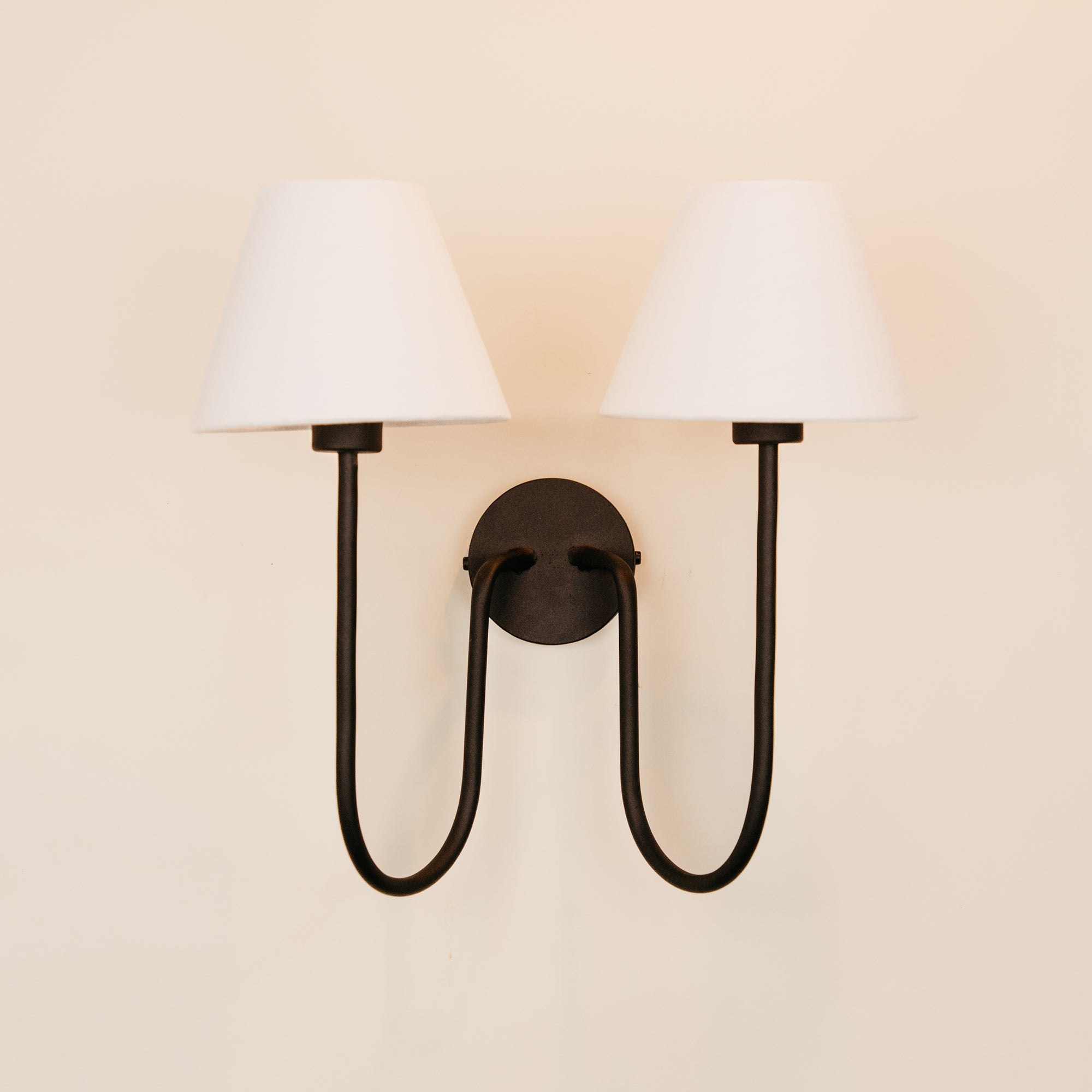 Aria Arc Double Wall Light with Linen Shades