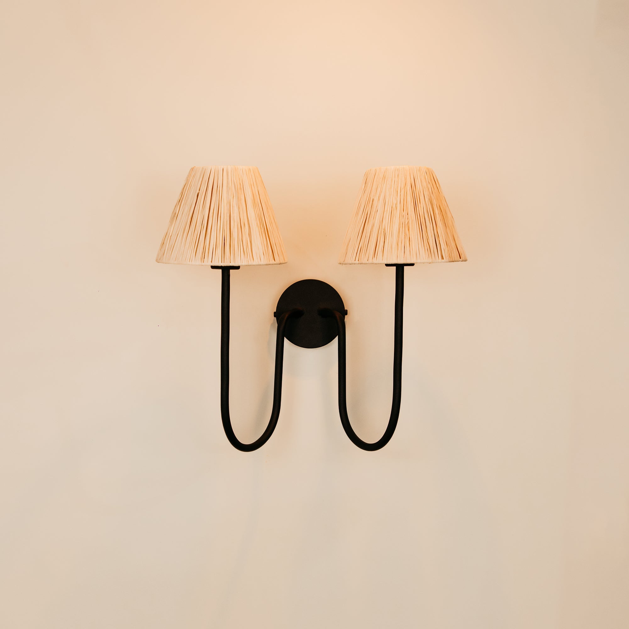 Aria Arc Double Wall Light with Raffia Shades