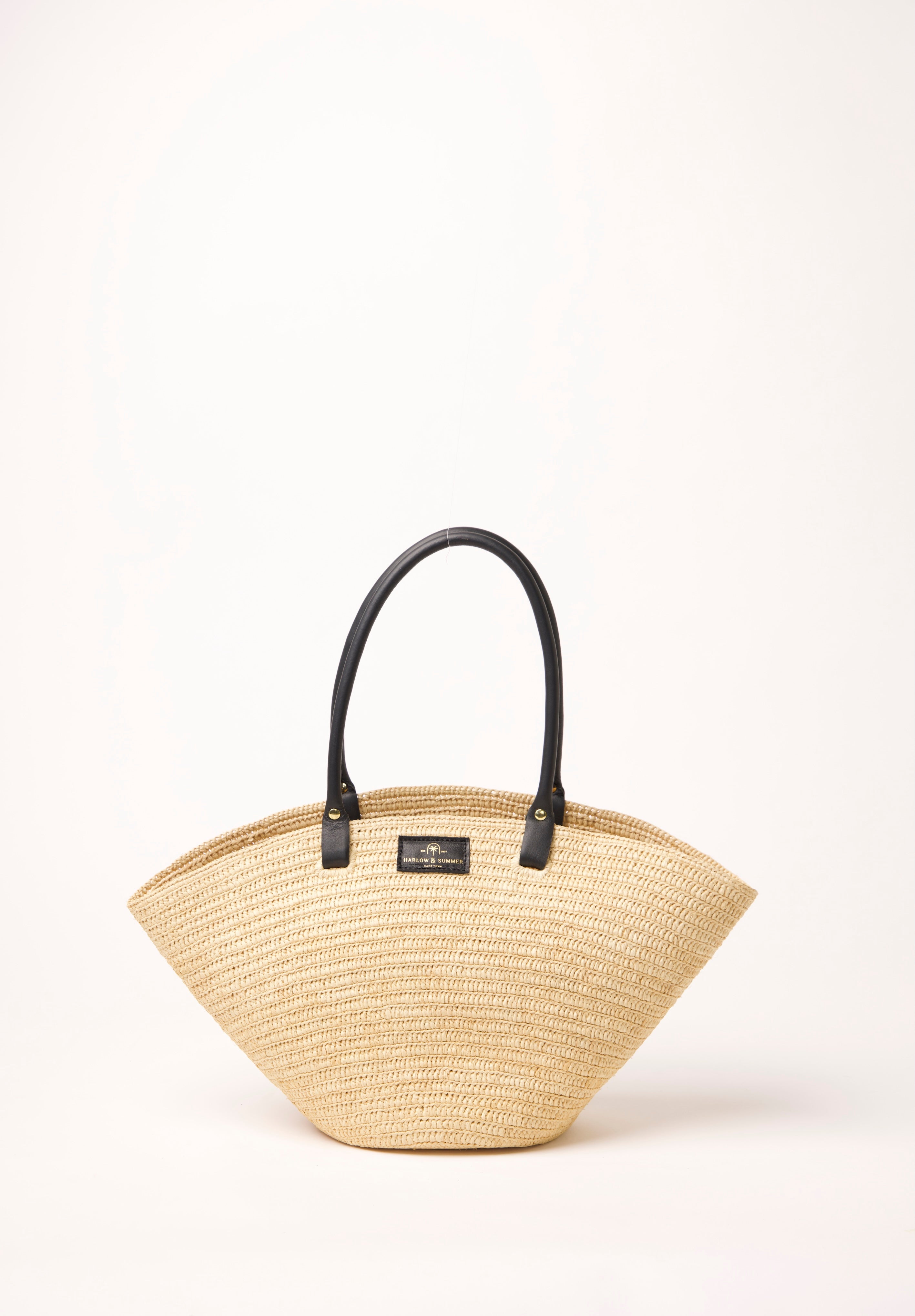 Palm Raffia Tote with black leather