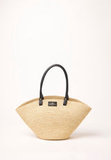Palm Raffia Tote with black leather
