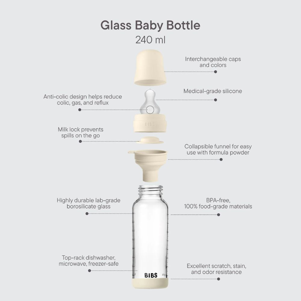 BIBS 240ml Round Silicone Medium Flow Glass Bottle