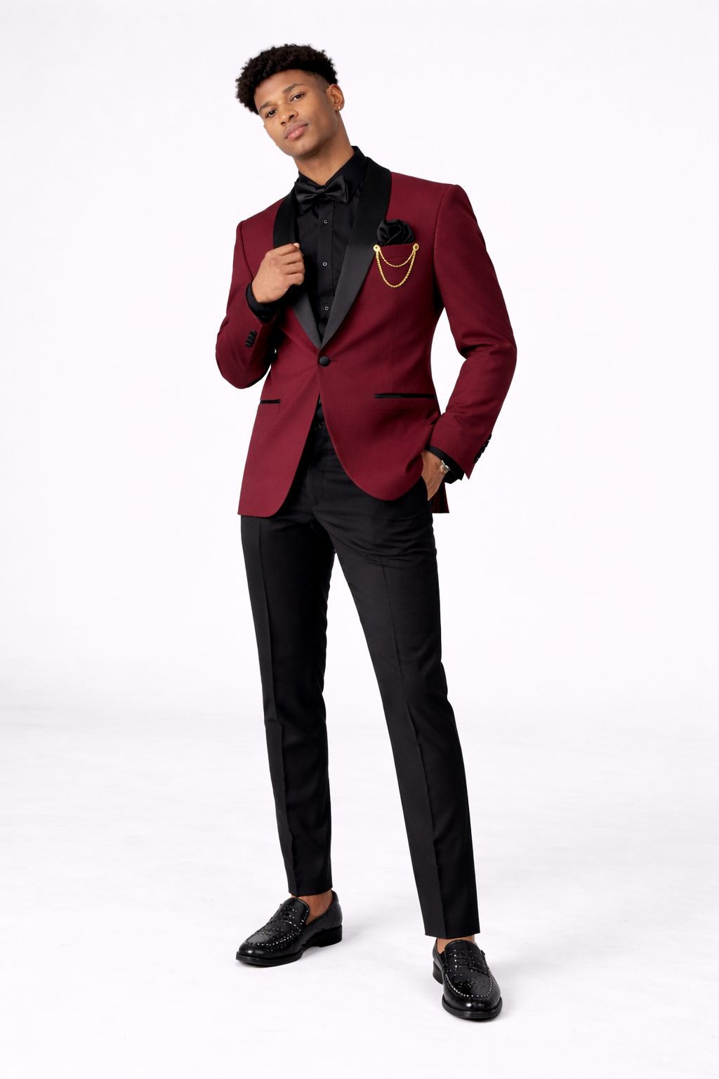 Burgundy Noir Satin-Lapel Tuxedo Matric Dance Suit