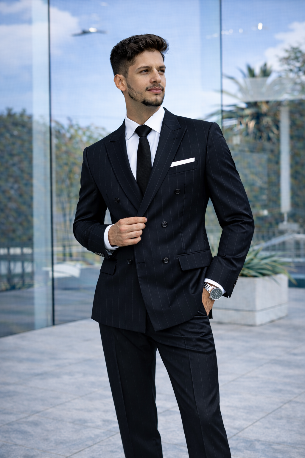 Black Pinstripe Double Breast Classic Suit