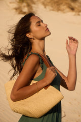 Palm Raffia Tote with black leather