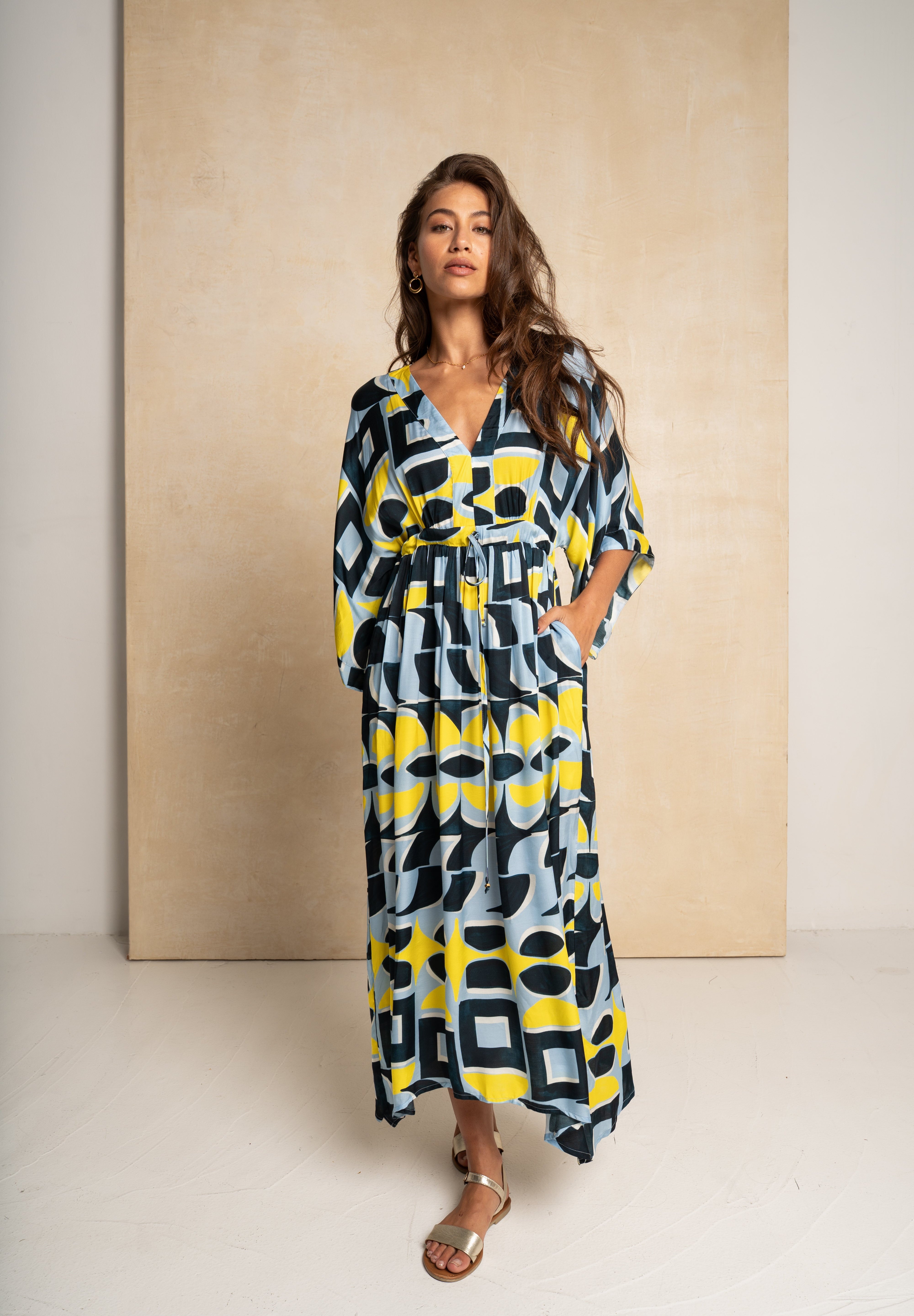 Classic Kimbo Dress - Blue & Yellow Geo