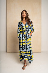 Classic Kimbo Dress - Blue & Yellow Geo