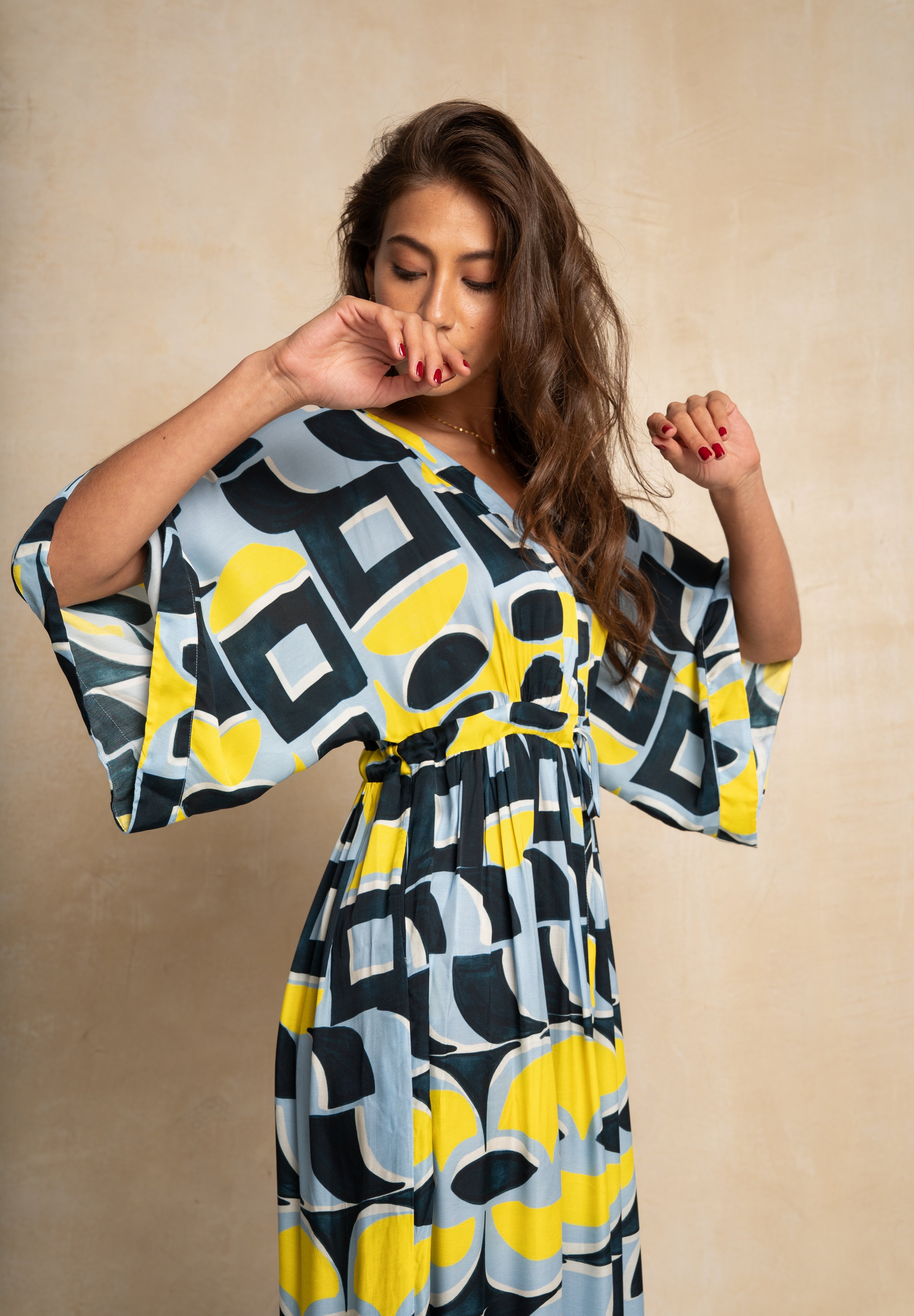 Classic Kimbo Dress - Blue & Yellow Geo