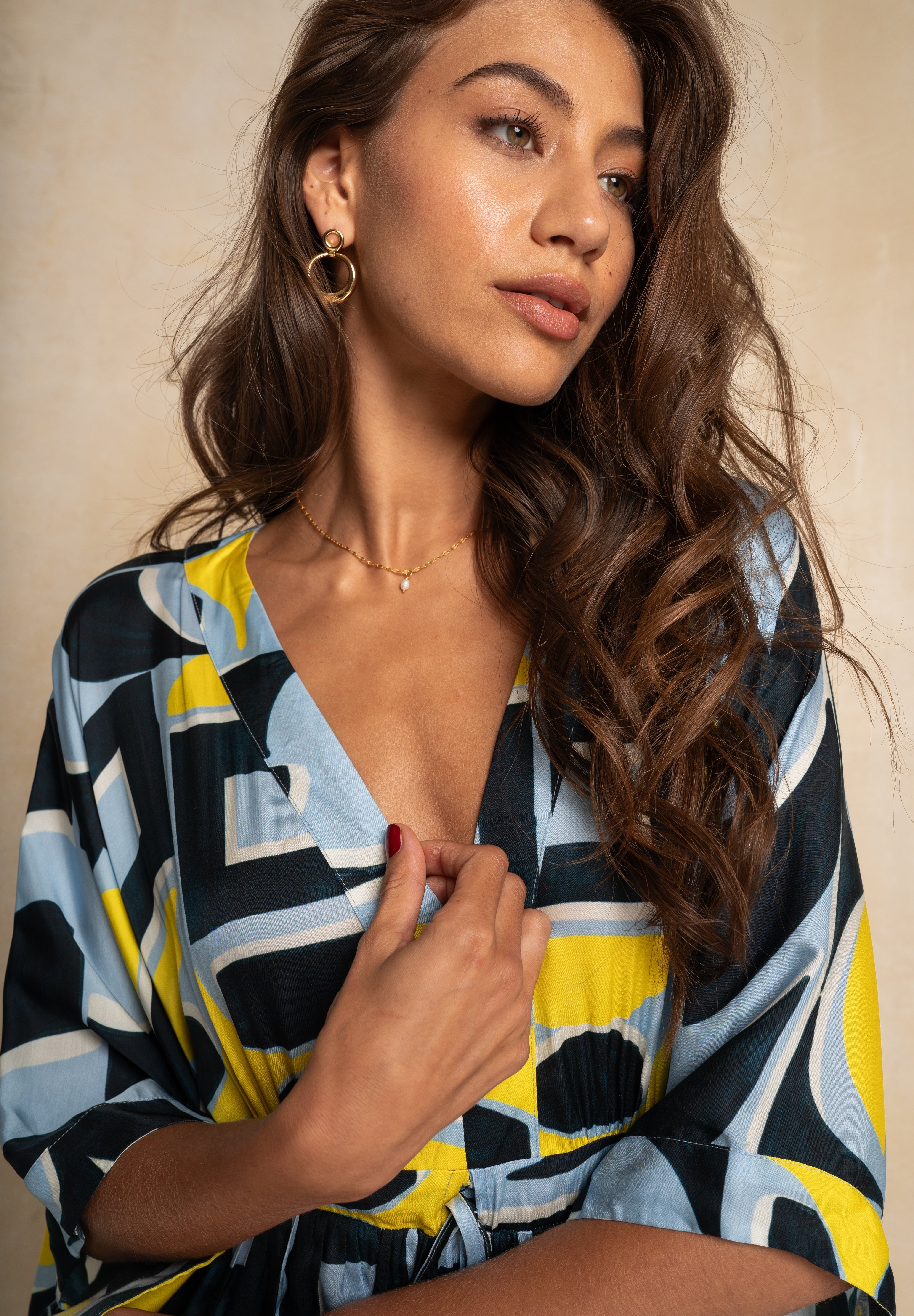 Classic Kimbo Dress - Blue & Yellow Geo