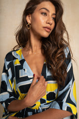 Classic Kimbo Dress - Blue & Yellow Geo