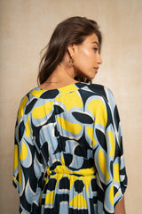 Classic Kimbo Dress - Blue & Yellow Geo