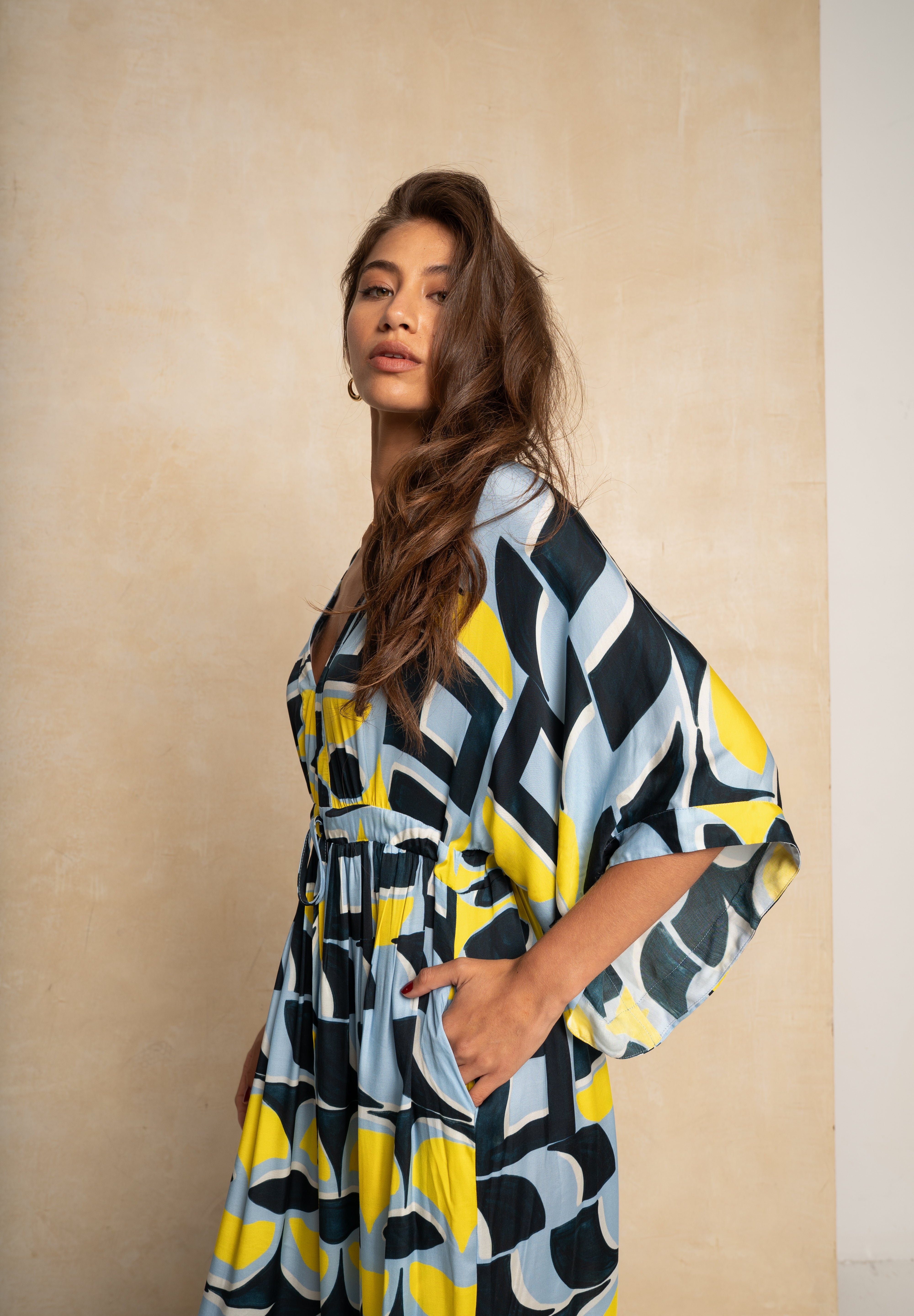 Classic Kimbo Dress - Blue & Yellow Geo