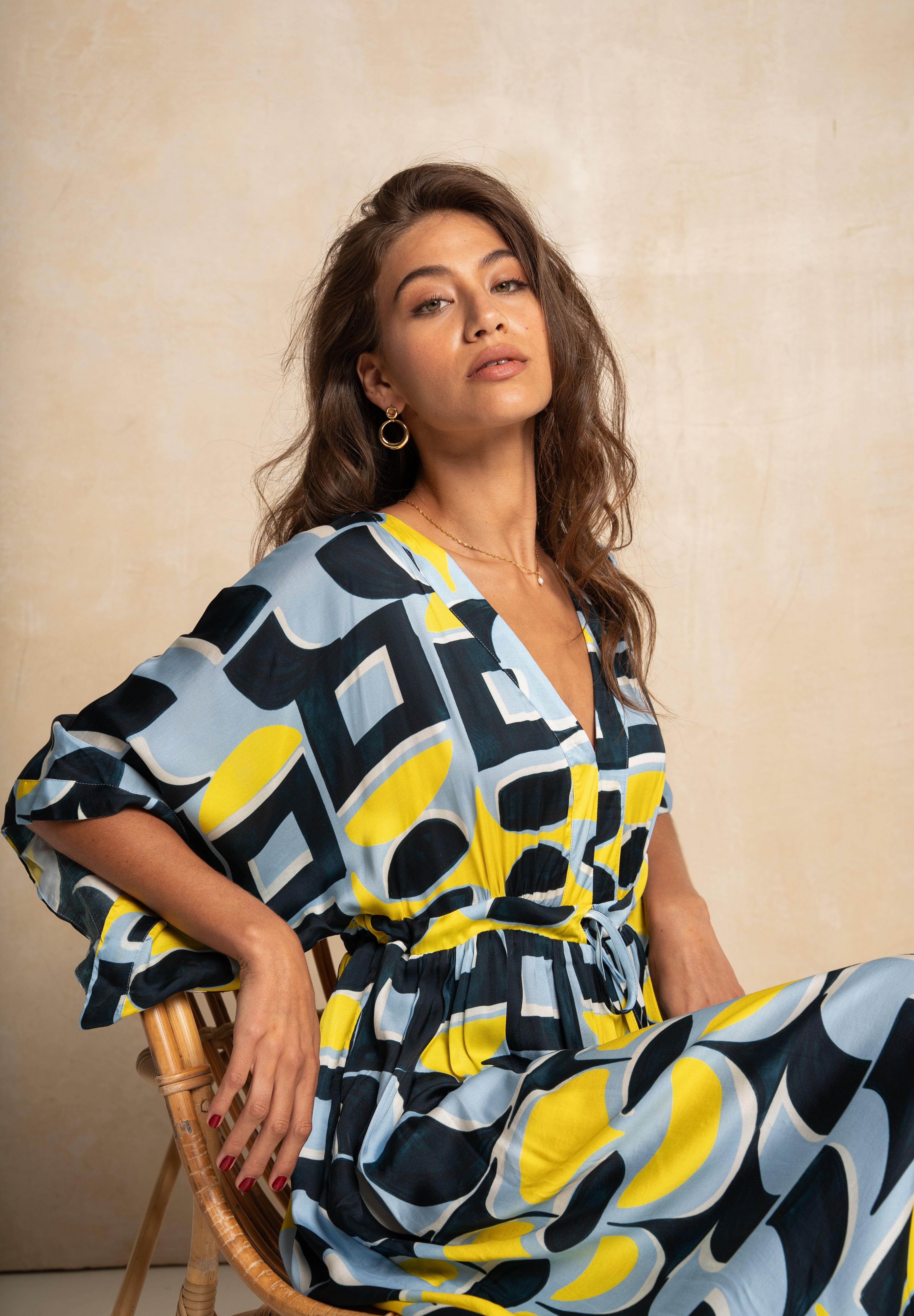 Classic Kimbo Dress - Blue & Yellow Geo