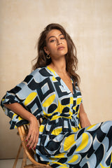 Classic Kimbo Dress - Blue & Yellow Geo