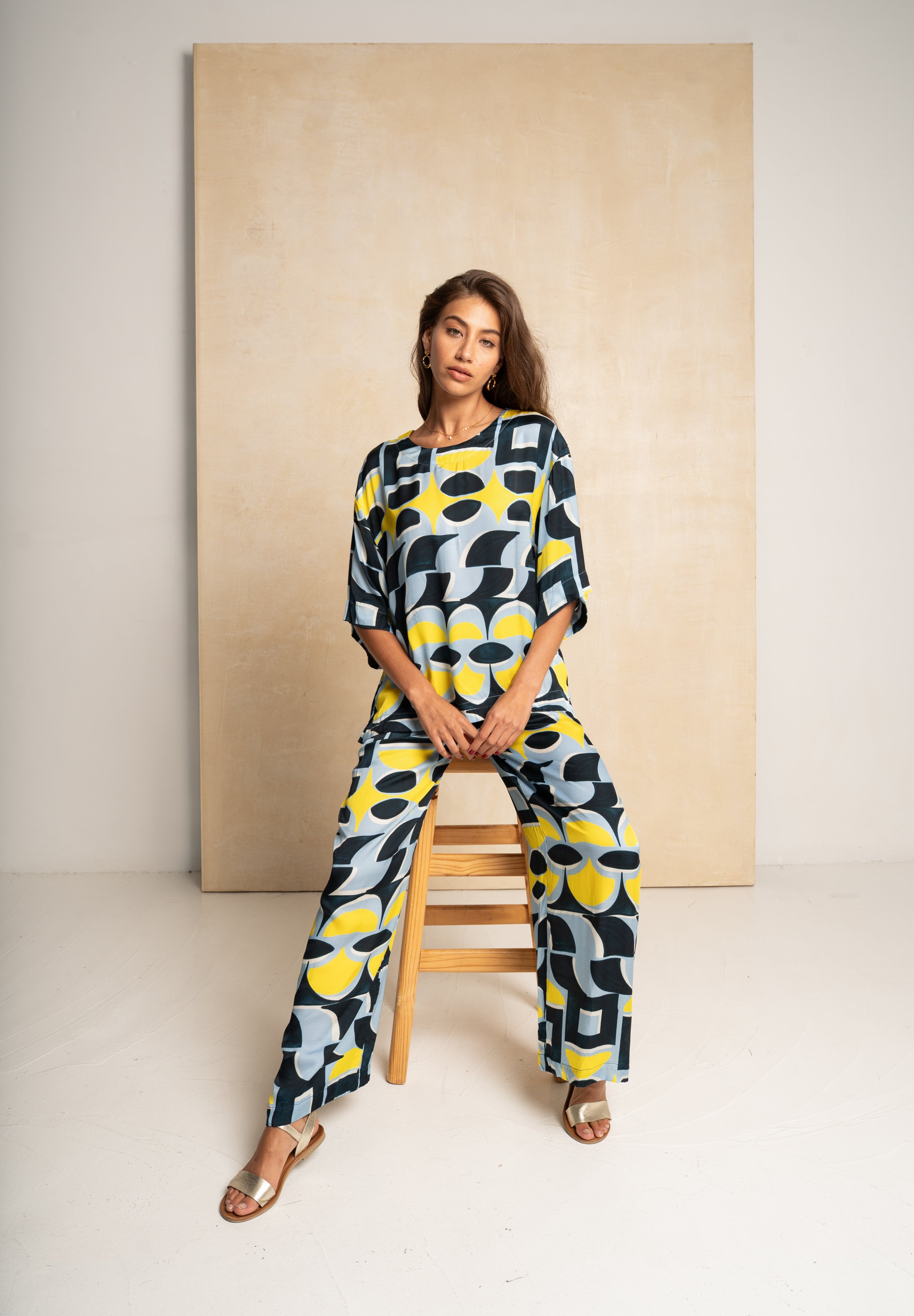 Marble Blouse - Blue & Yellow Geo