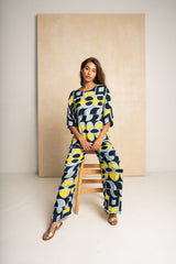 Peacock Pants - Blue & Yellow Geo