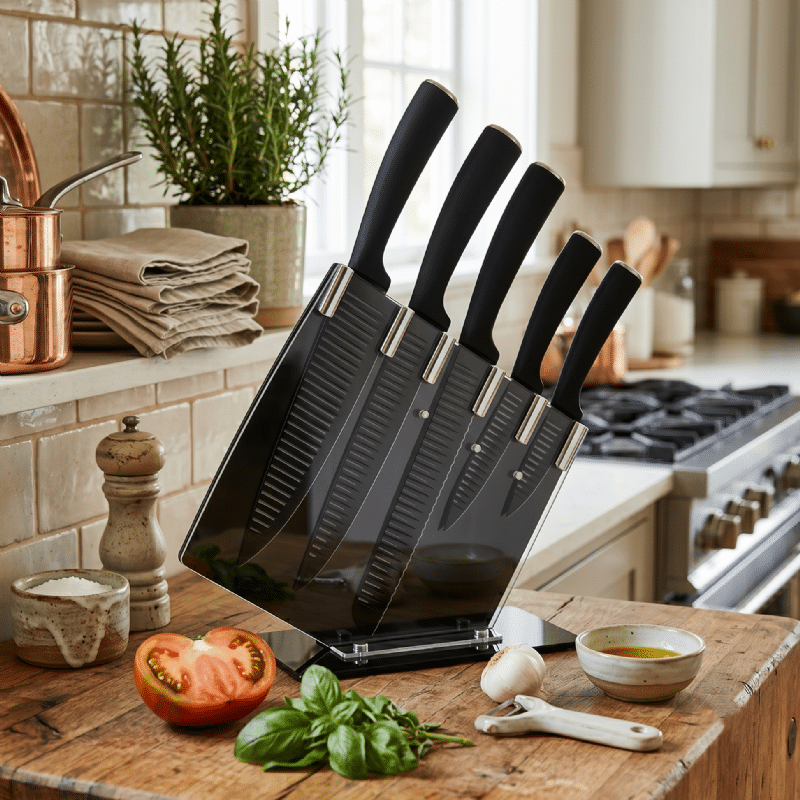 5pc Grooved Knife Set with Stand - Image 1