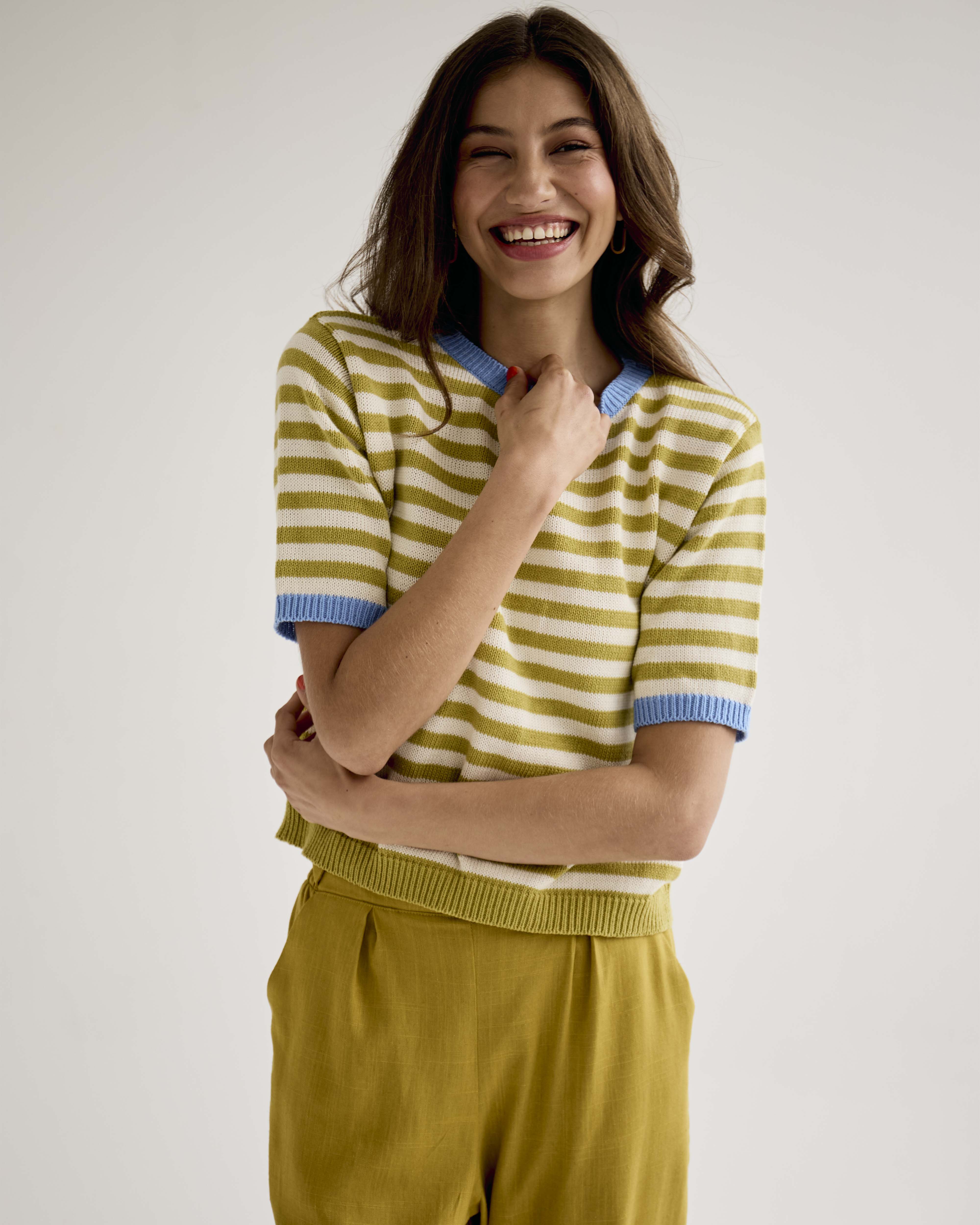 Stripy Knitted Tee- Chartreuse & White