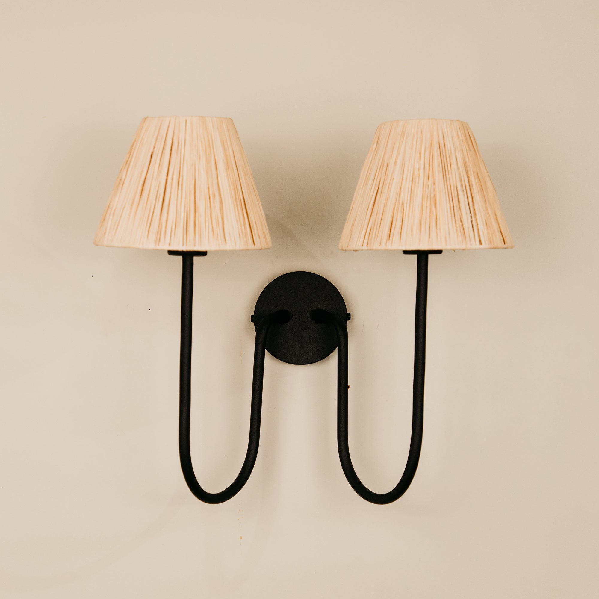 Aria Arc Double Wall Light with Raffia Shades