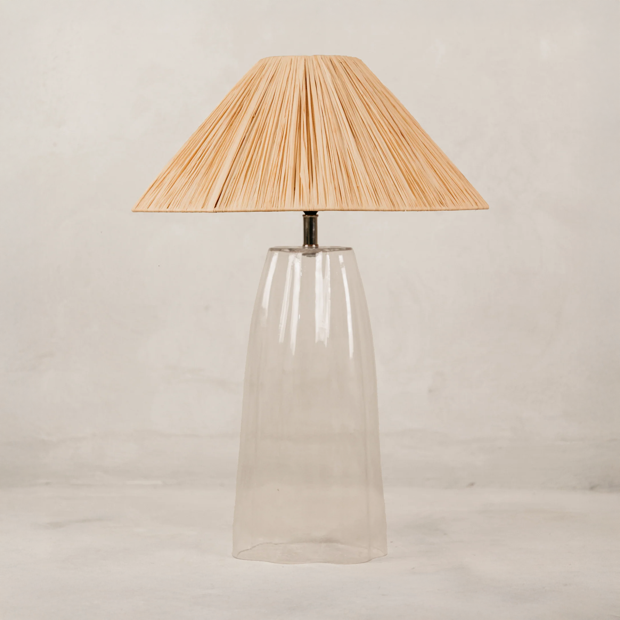Bourke Glass Table Lamp with Raffia Shade – Brass