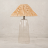 Bourke Glass Table Lamp with Raffia Shade – Brass