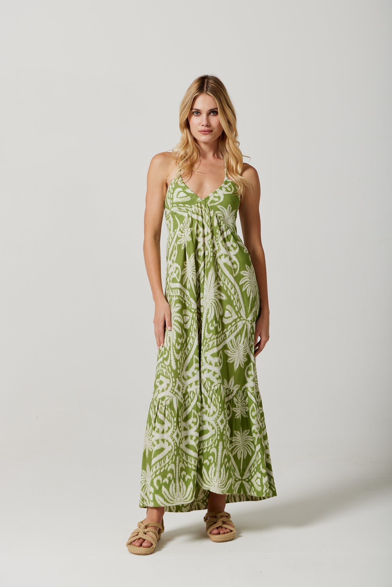 Melissa Midi dress in Lime Palm Damask