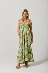 Melissa Midi dress in Lime Palm Damask
