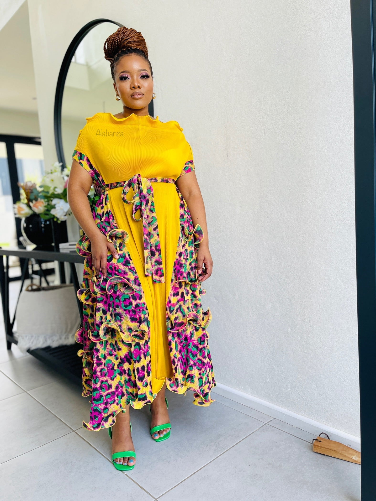 Jamala Yellow Multicolor Pleat Dress