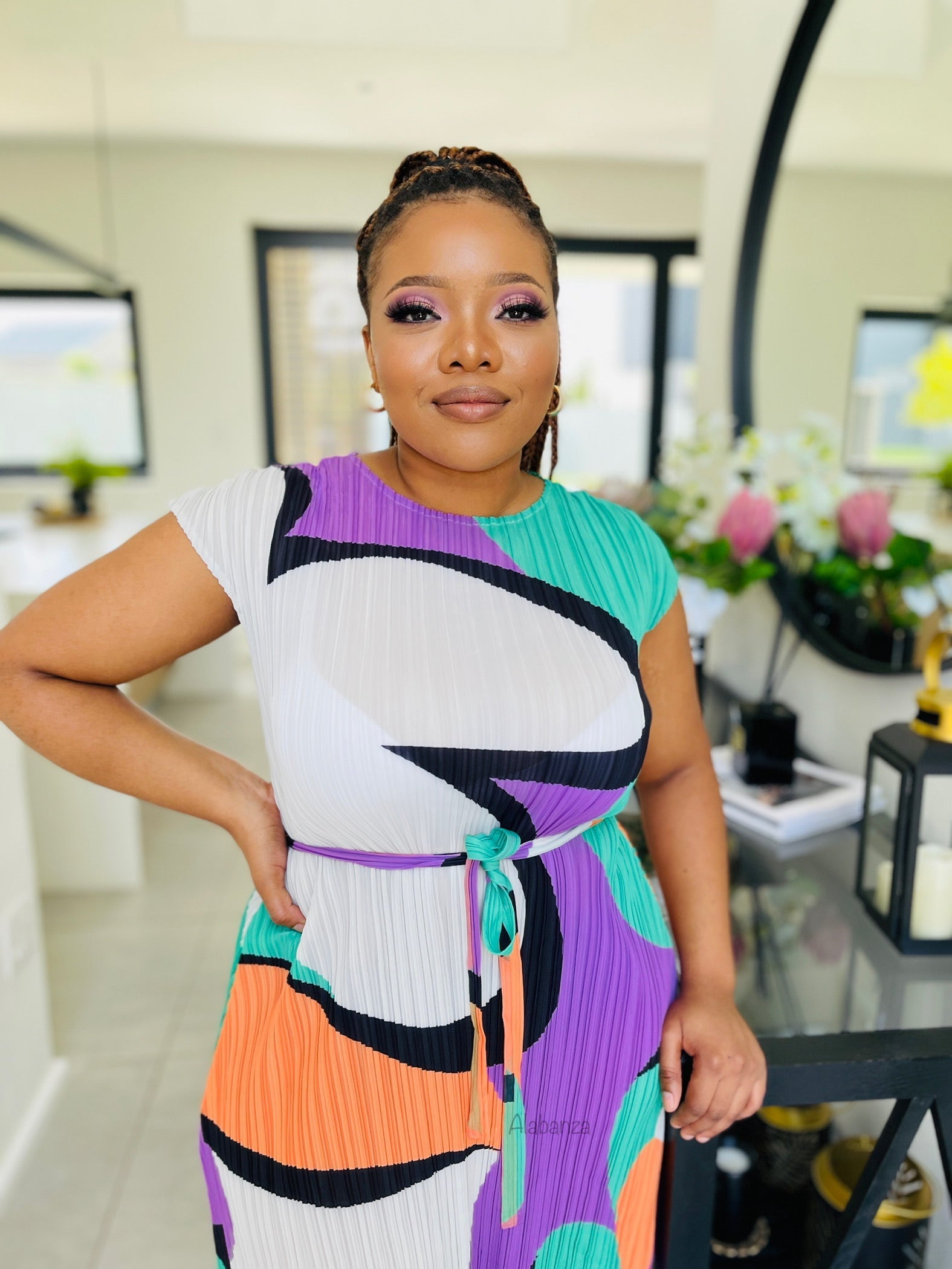 Alisha Green Multicolor Pleat Dress