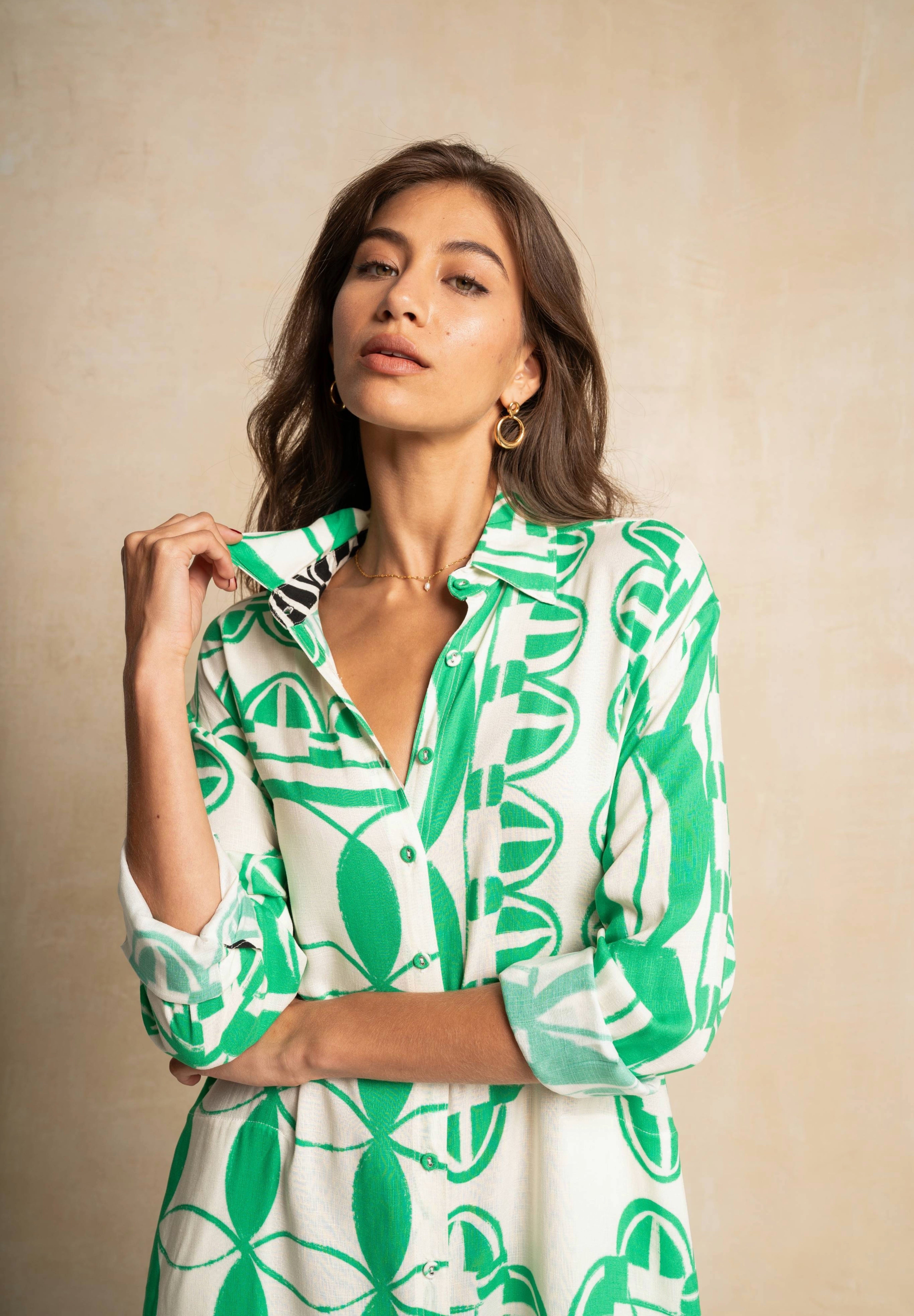 Shift Shirt Dress - Green & White Geo