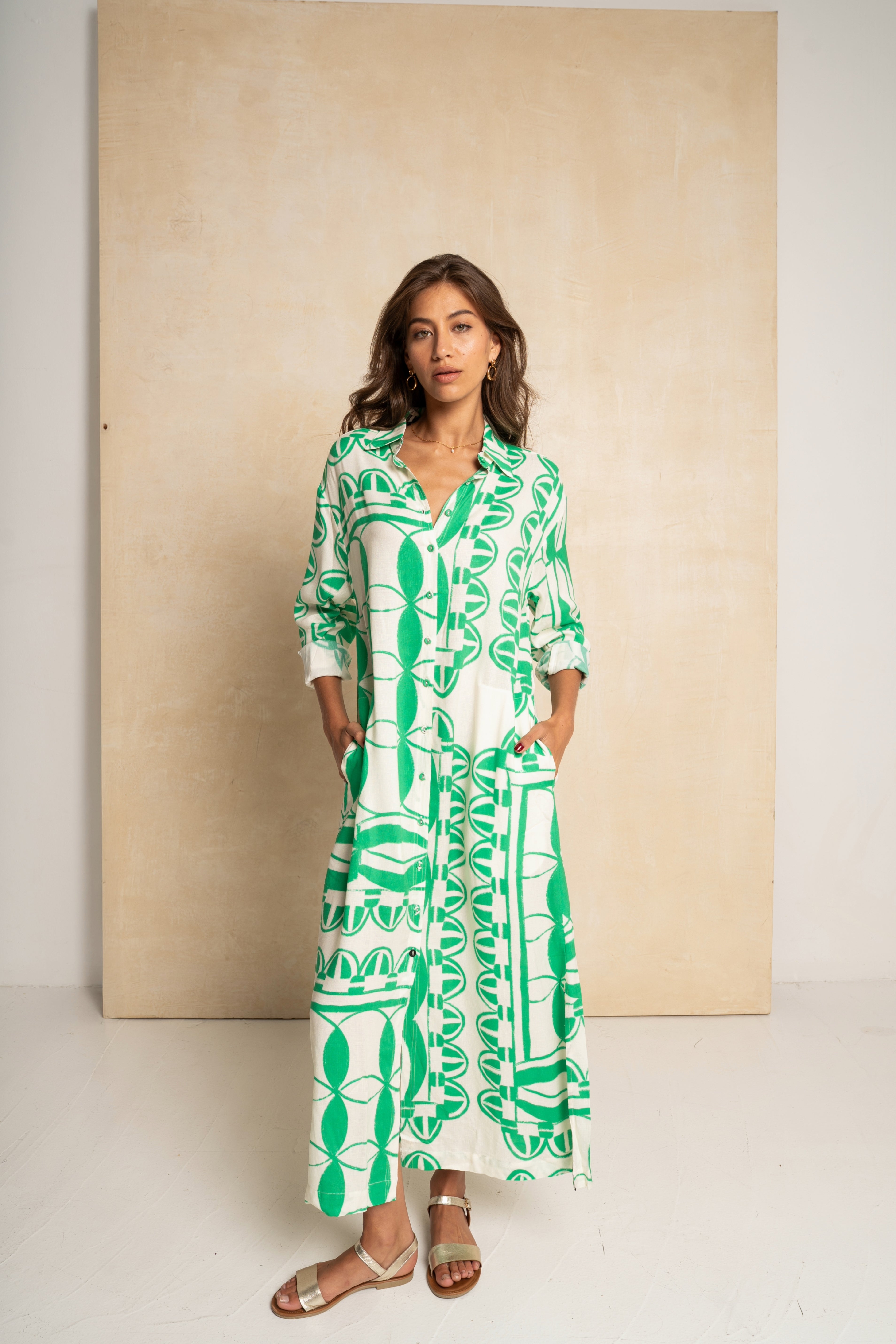 Shift Shirt Dress - Green & White Geo