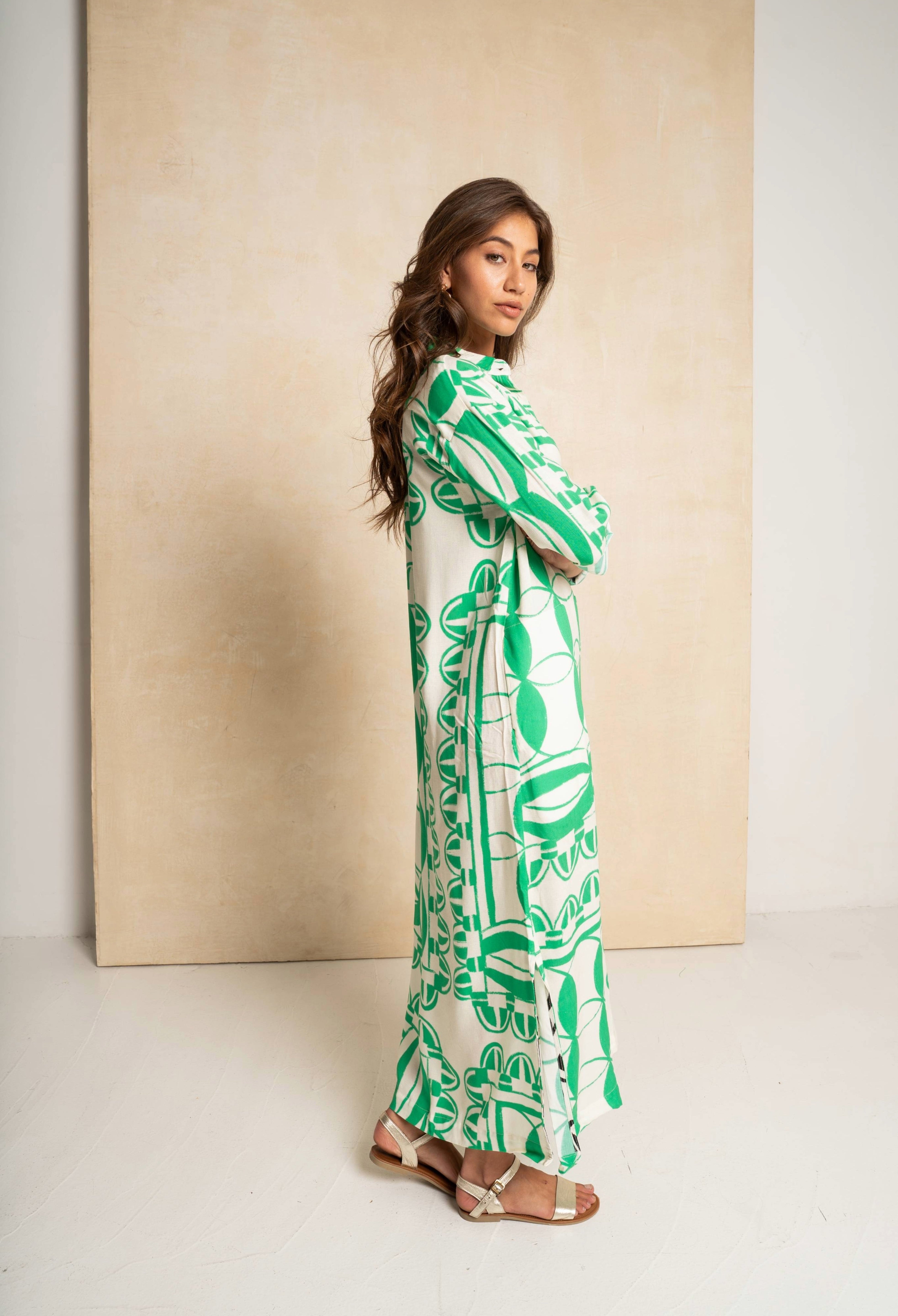 Shift Shirt Dress - Green & White Geo