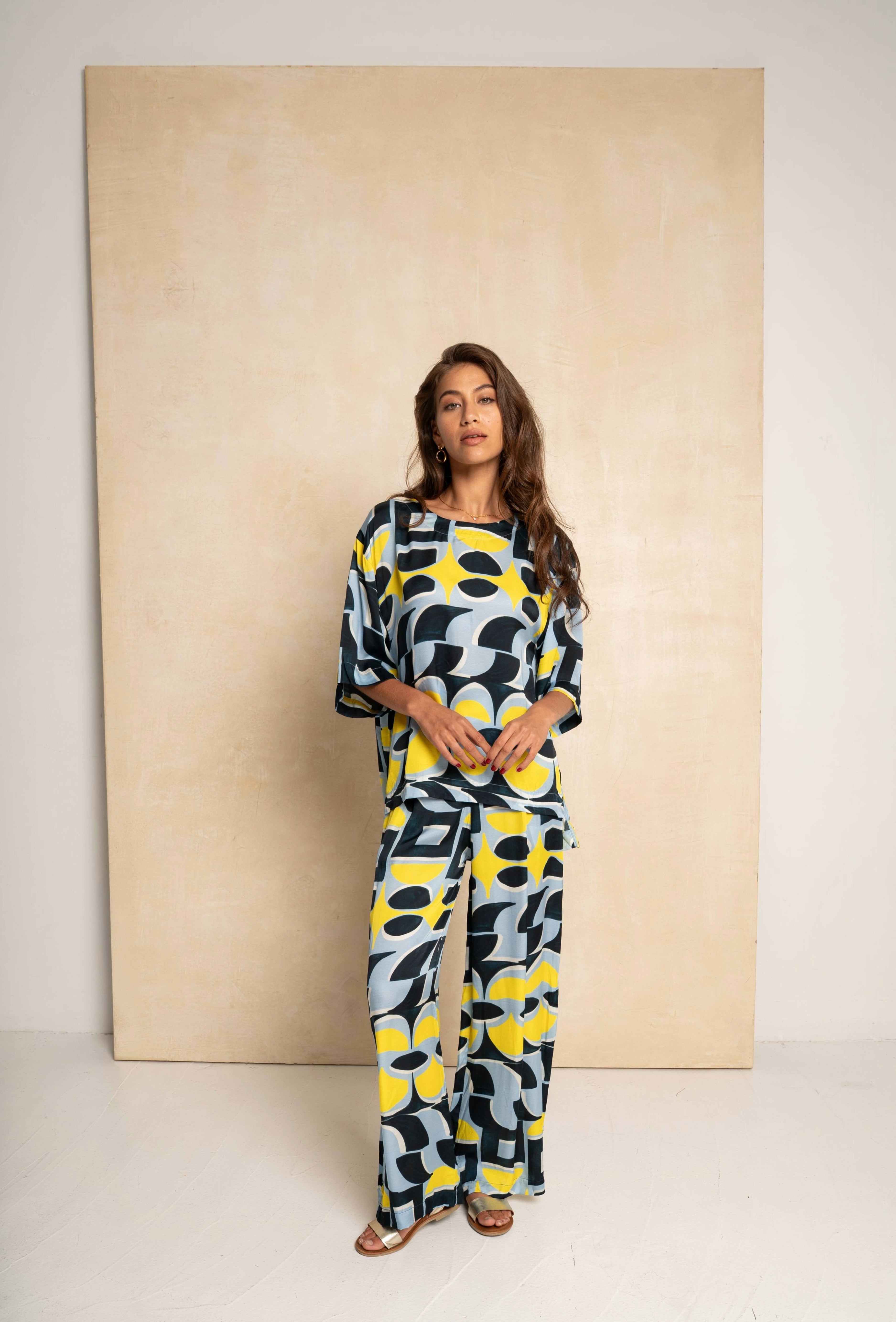Peacock Pants - Blue & Yellow Geo