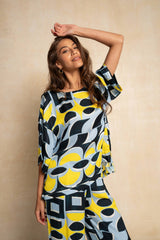 Marble Blouse - Blue & Yellow Geo