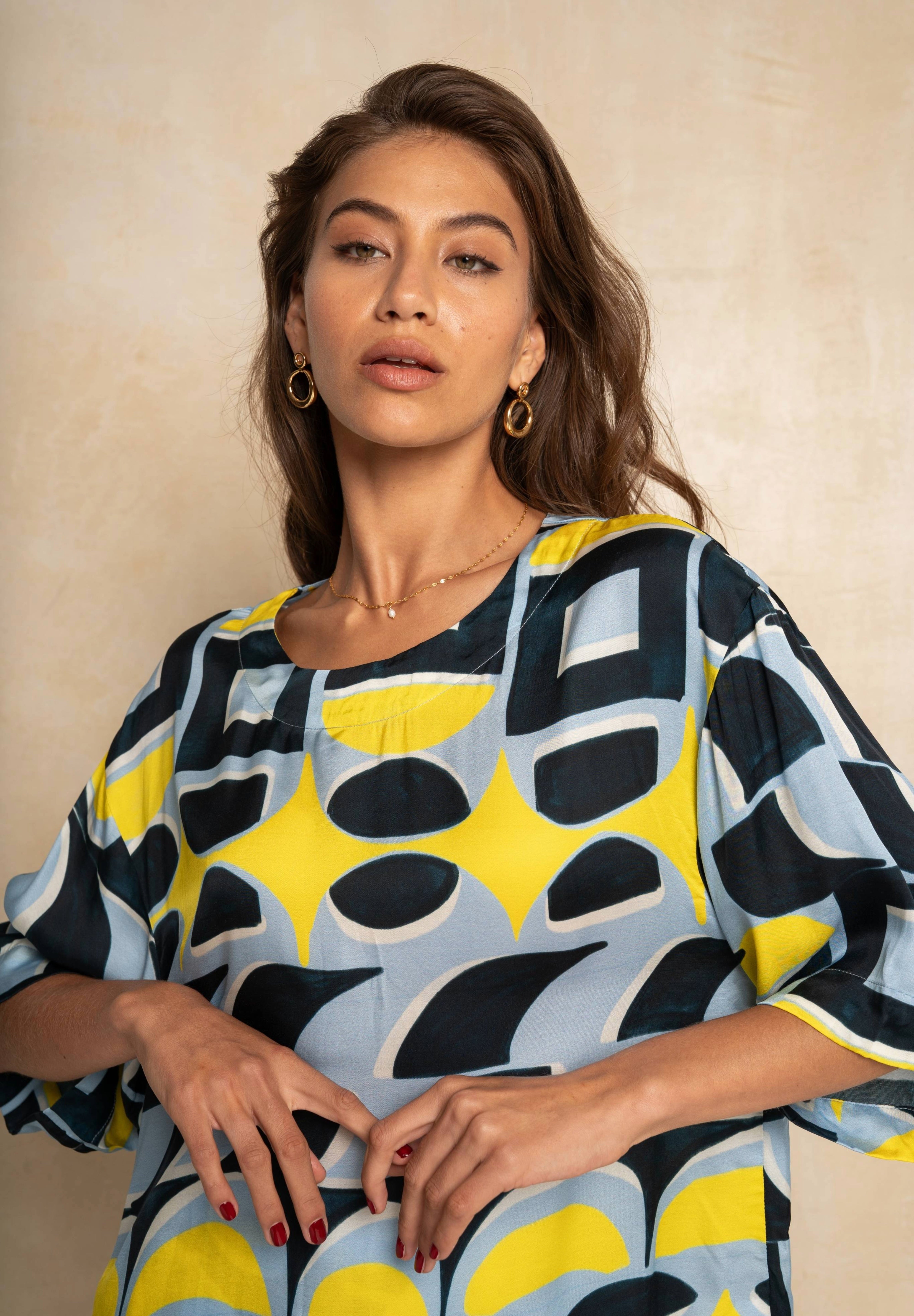 Marble Blouse - Blue & Yellow Geo