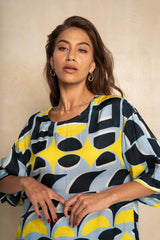 Marble Blouse - Blue & Yellow Geo