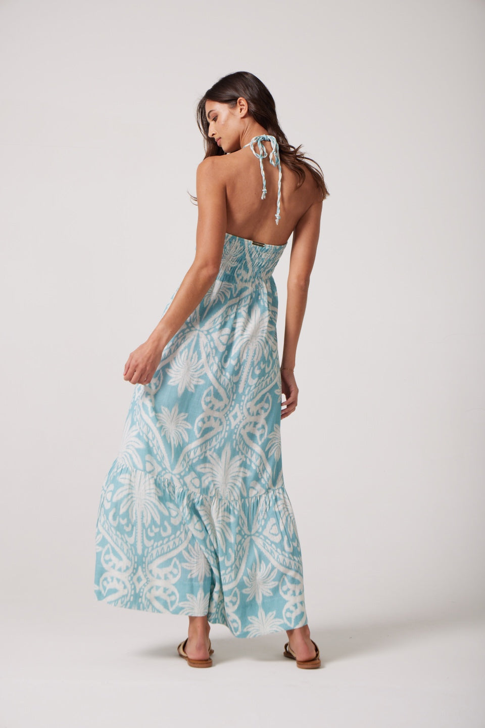 Melissa Midi dress in Sky blue Palm Damask