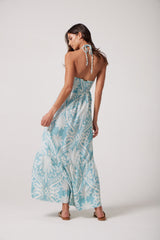 Melissa Midi dress in Sky blue Palm Damask