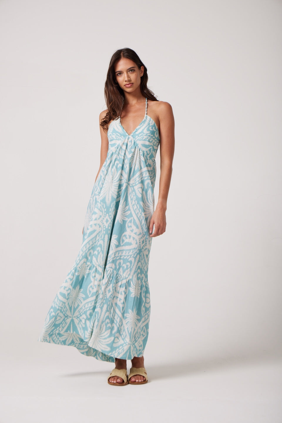 Melissa Midi dress in Sky blue Palm Damask