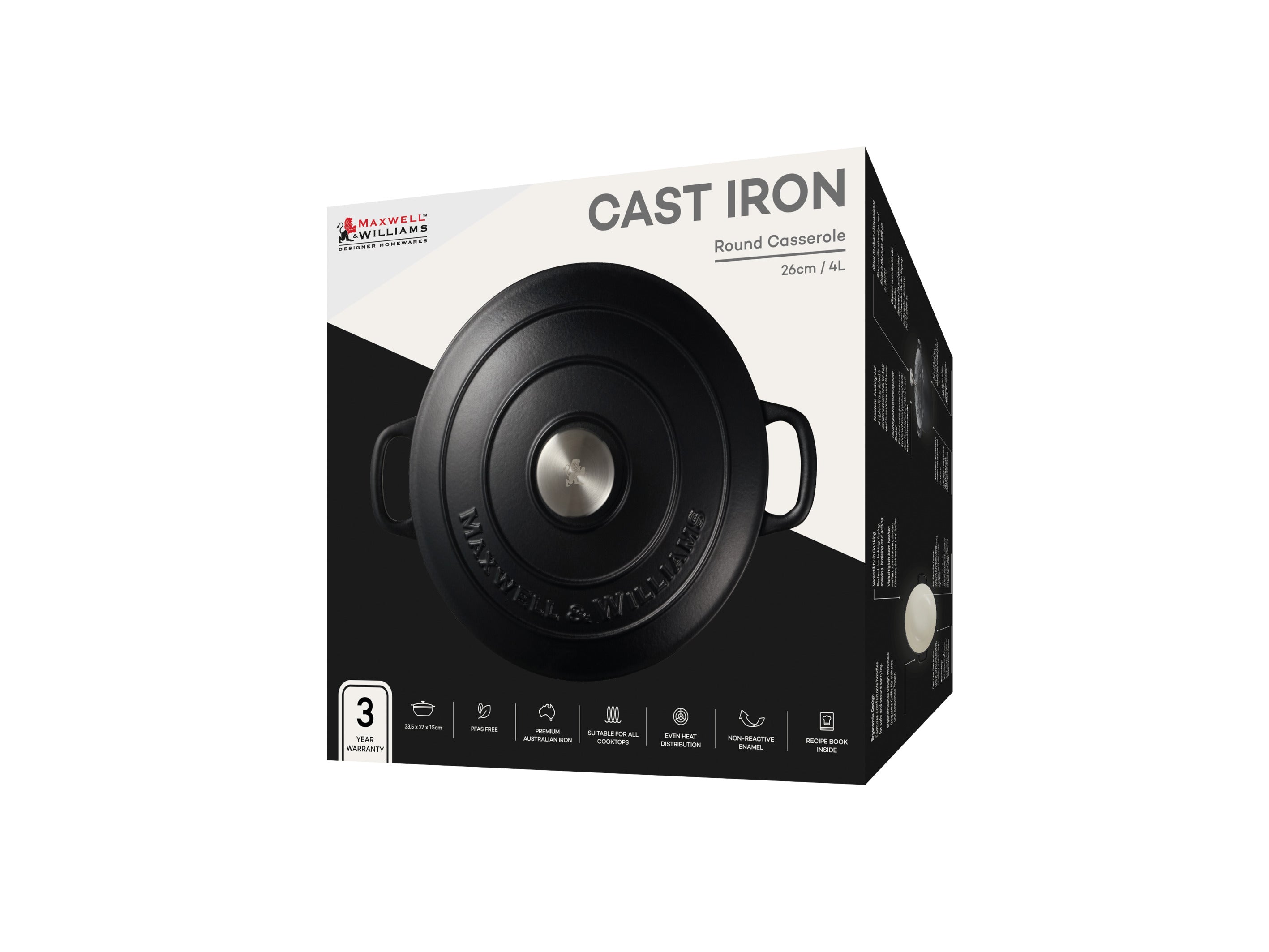 MW Cast Iron Round Casserole Black 26cm / 4L Gift Boxed