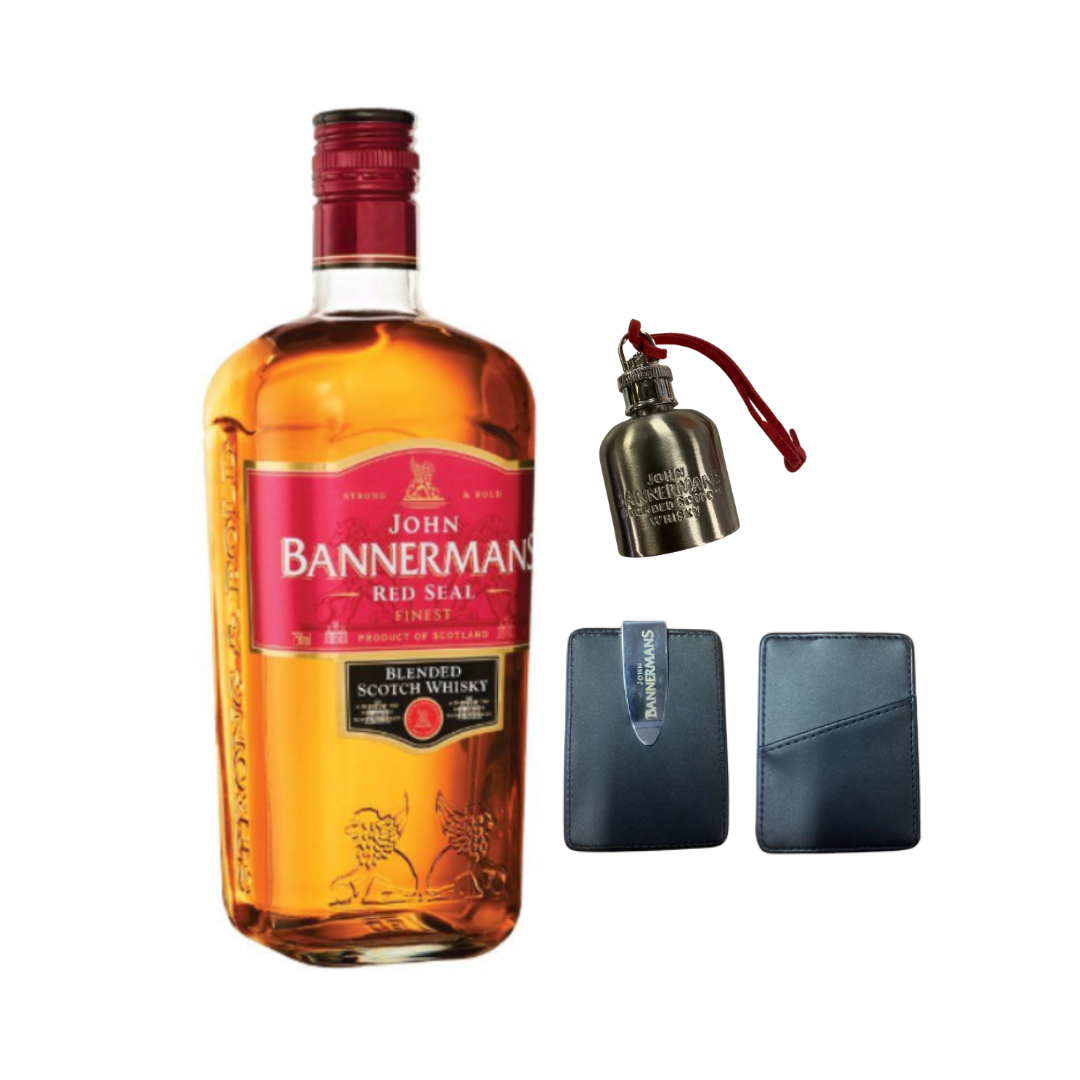 John Bannerman's Whisky 750ml + FREE Branded Mini Flask & Cardholder