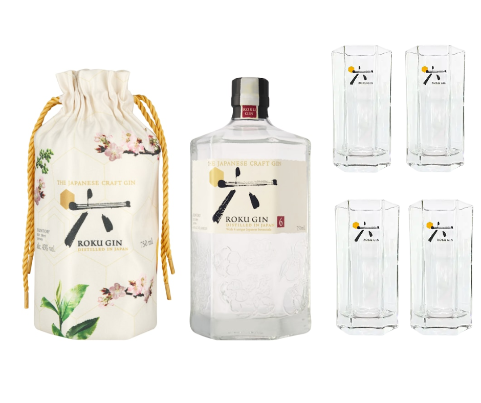 Roku Gin in a bag 750ml + 4 FREE Hexagon Gin Glasses